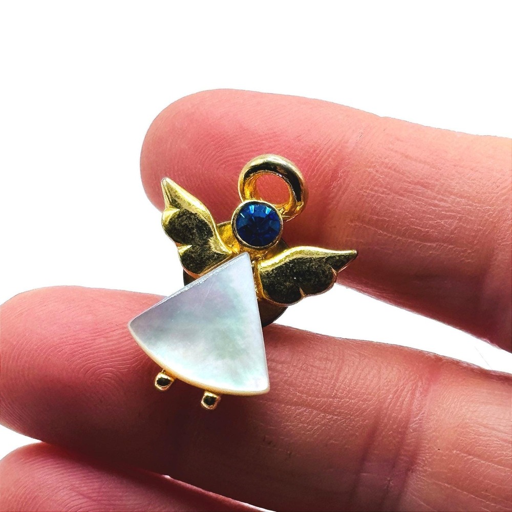 Vintage Angel Lapel Pins Gold Tone MOP Blue Rhinestone Pink Floral Tac Pin Set - Picture 3 of 7